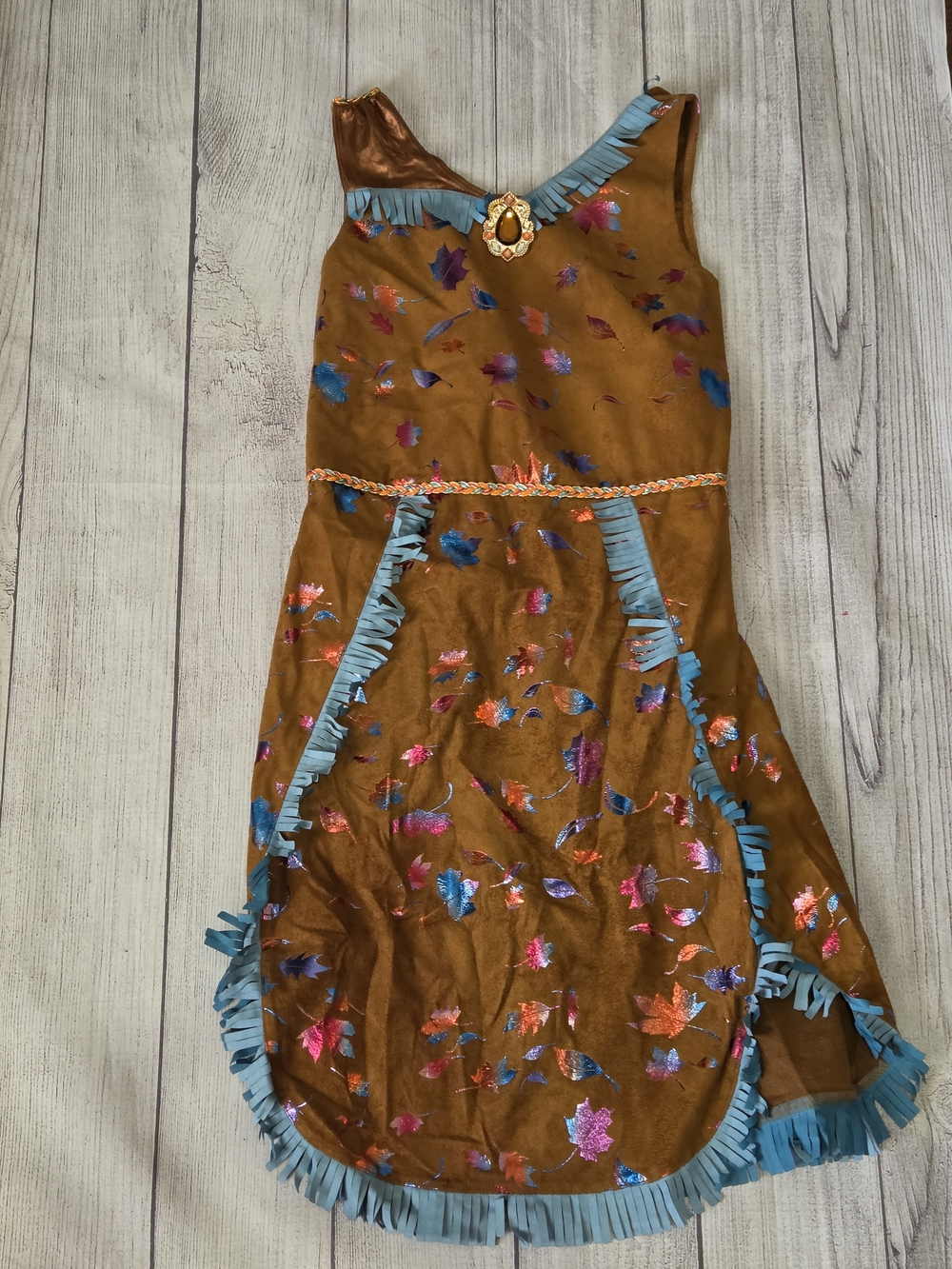 Girls Brown Pocahontas Halloween Costume Dress with Blue Fringe